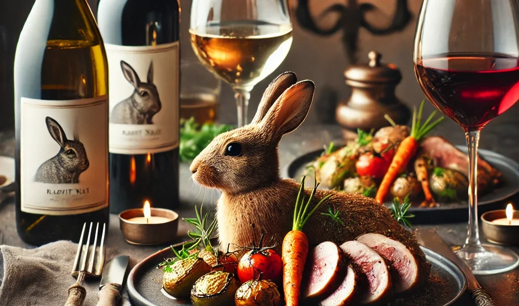 red and white wine with a rabbit dinner